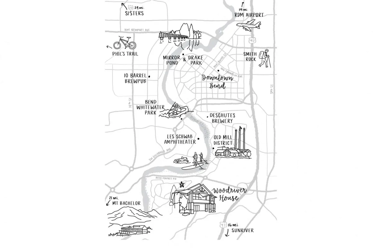 A detailed map illustration featuring Downtown Bend, Mirror Pond, Deschutes Brewery, the Old Mill District, and the location of Woodriver House. Small icons highlight kayaking, biking, brewery visits, and local events, evoking a sense of exploration and community.